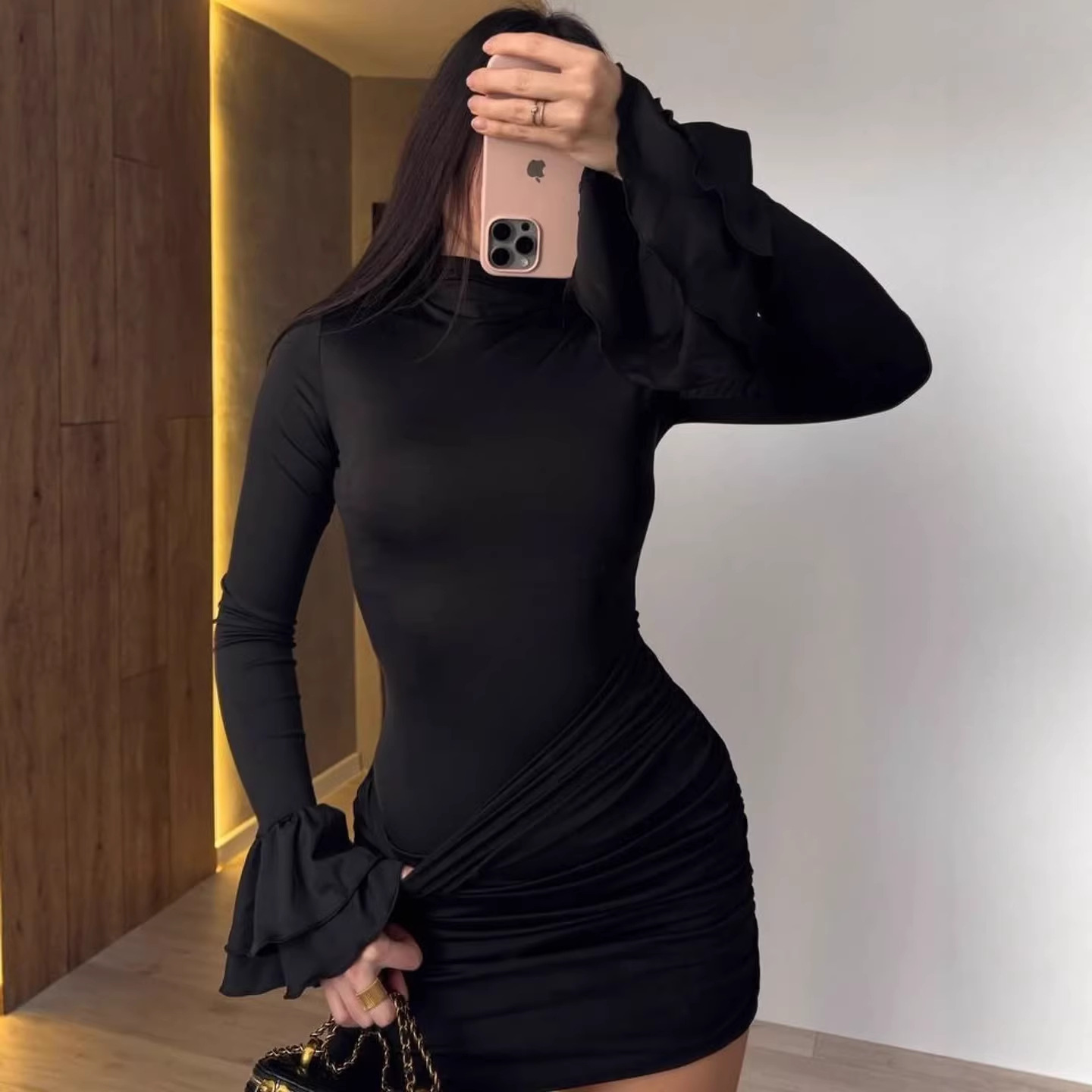 Women's High Neck Flare Sleeve Ruched Bodycon High Waist Dress