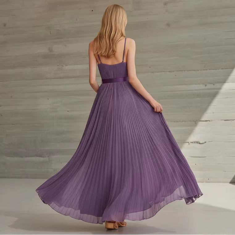 Purple Chiffon Pleated V-Neck Long Dress with Belt