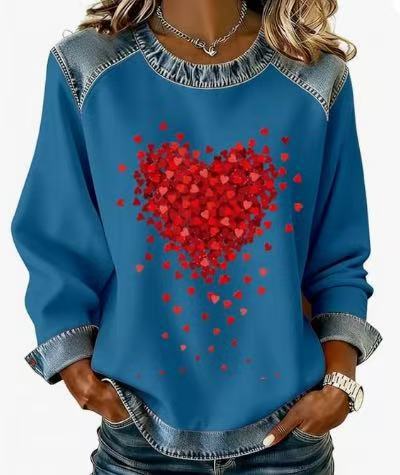 Women's Heart Print Crewneck Sweatshirt Casual Pullover