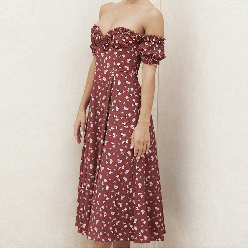 Women's Off-Shoulder Floral Dress Short Sleeve Slit Midi