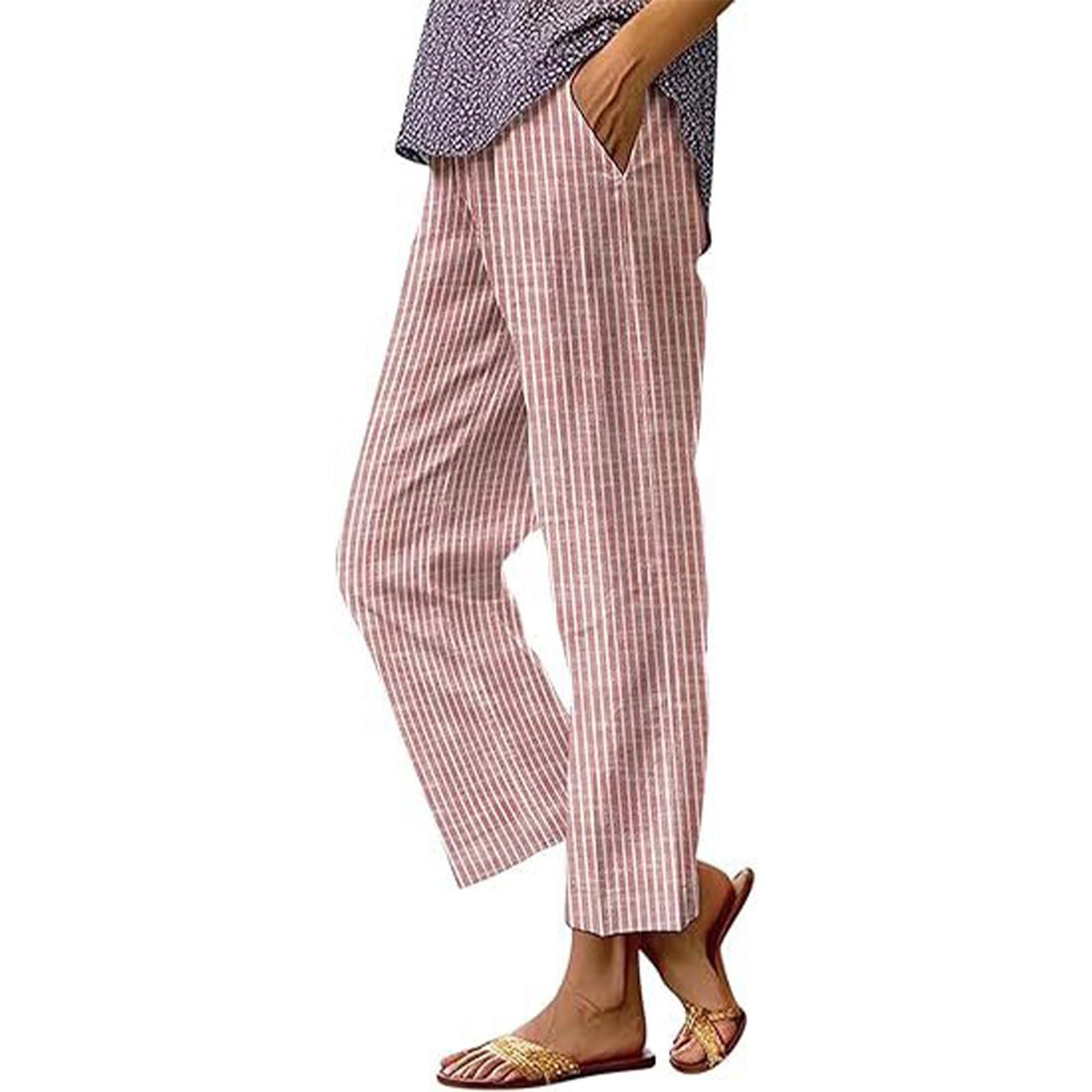 Women's Striped Cotton-Linen Straight-Leg Pants with Elastic Waist
