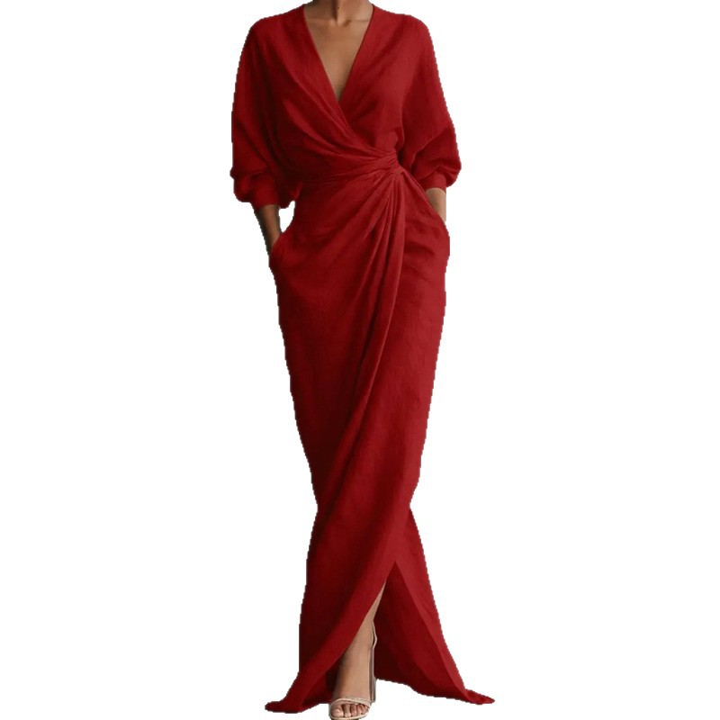 Women's Elegant Solid Cross V-Neck Long Sleeve Slim Waist Midi Dress
