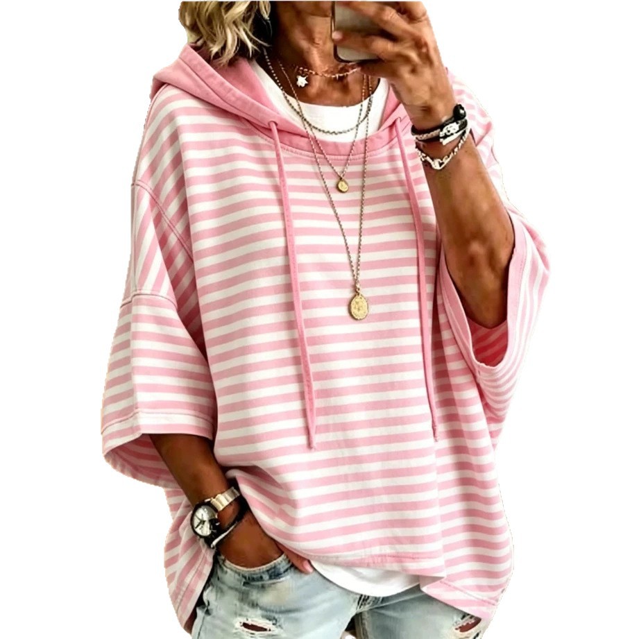 Women's Striped Hooded Pullover Sweatshirt with 3/4 Sleeves