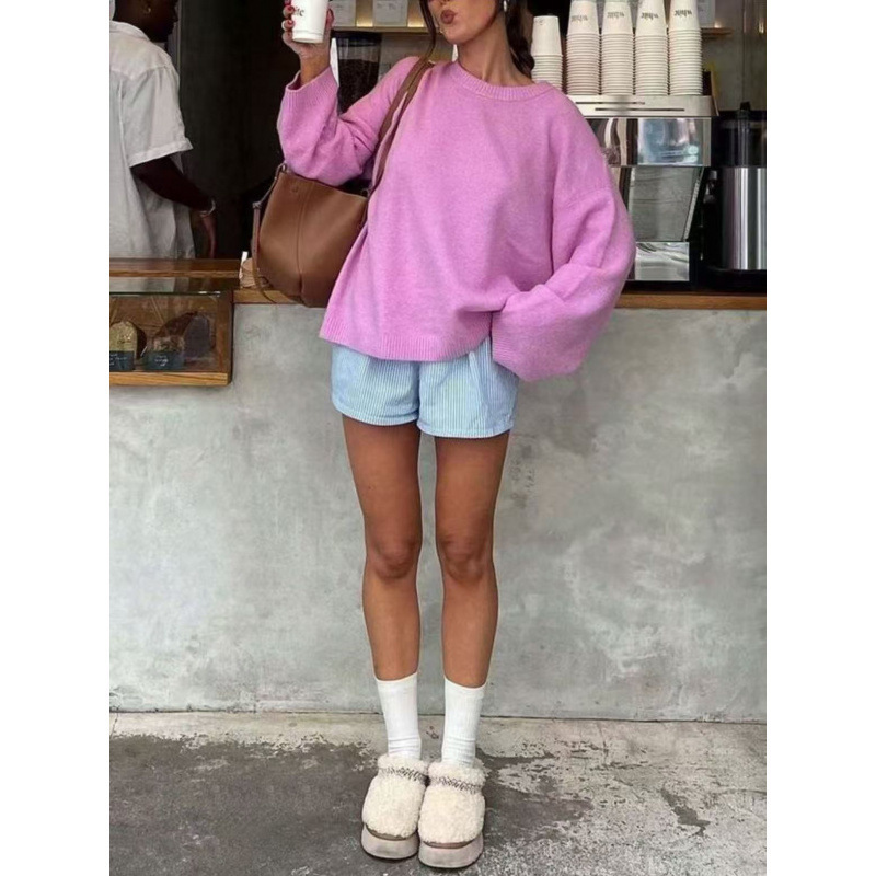 Pink Crewneck Pullover Sweater Relaxed Casual