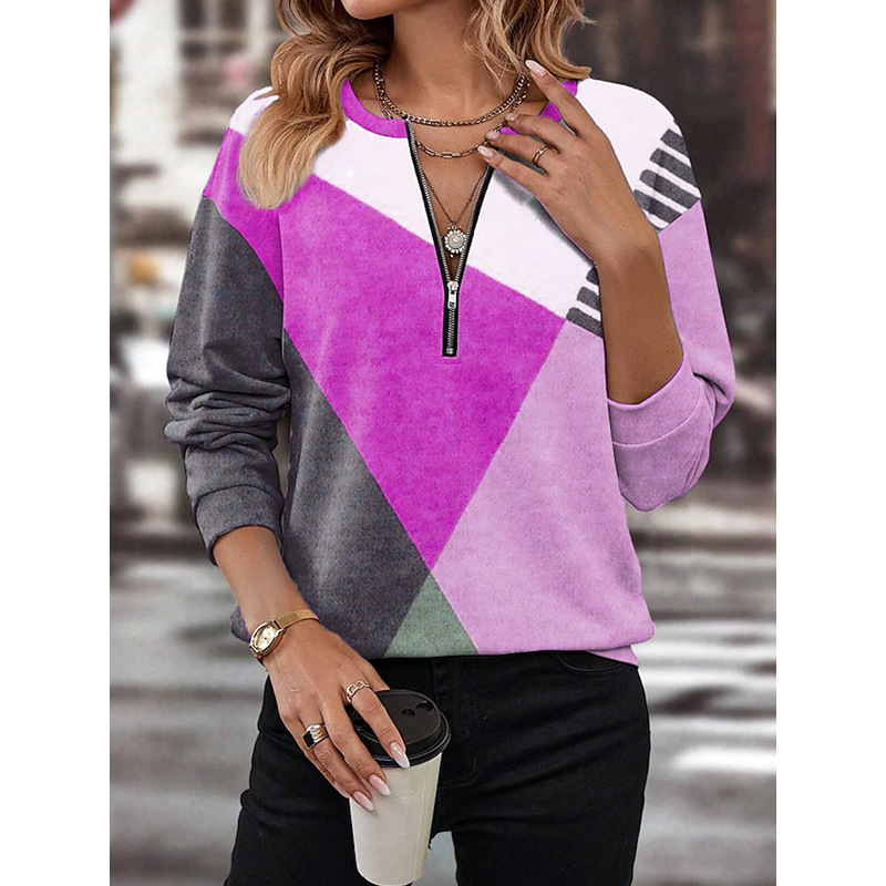 Color-Block Loose Zip-Up Long-Sleeve V-Neck Sweatshirt