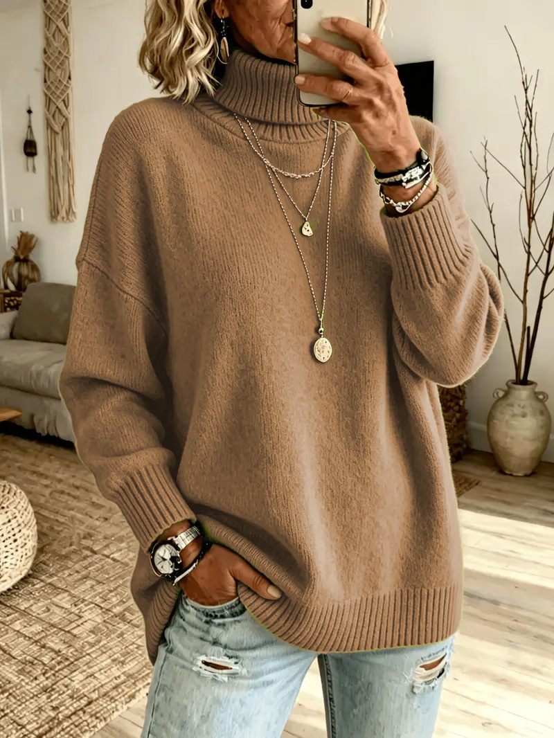 Women's Lazy Pure Color Elegant Slit Loose Turtleneck Knit Sweater