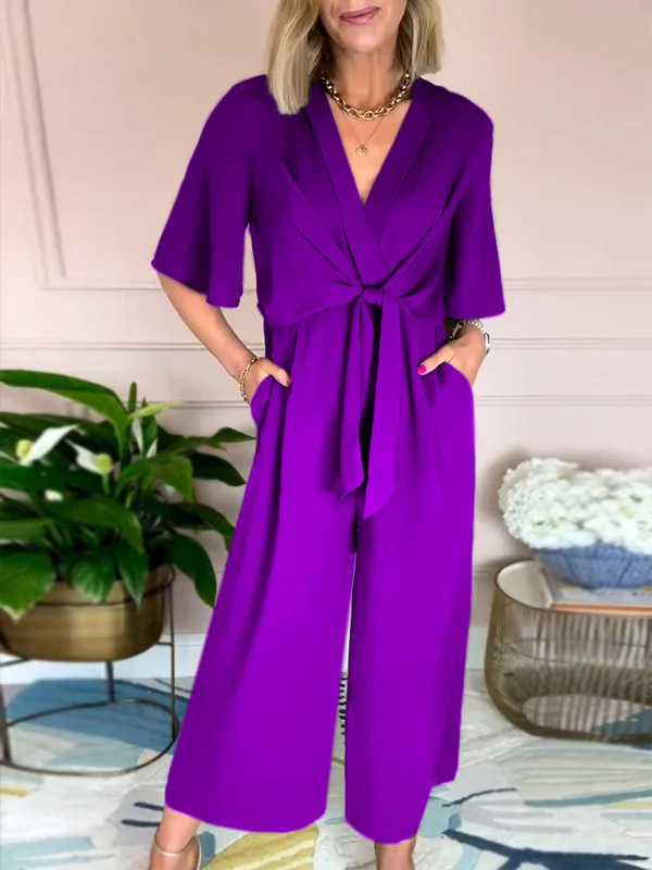 Women's Solid V-Neck Tie Short Sleeve Jumpsuit