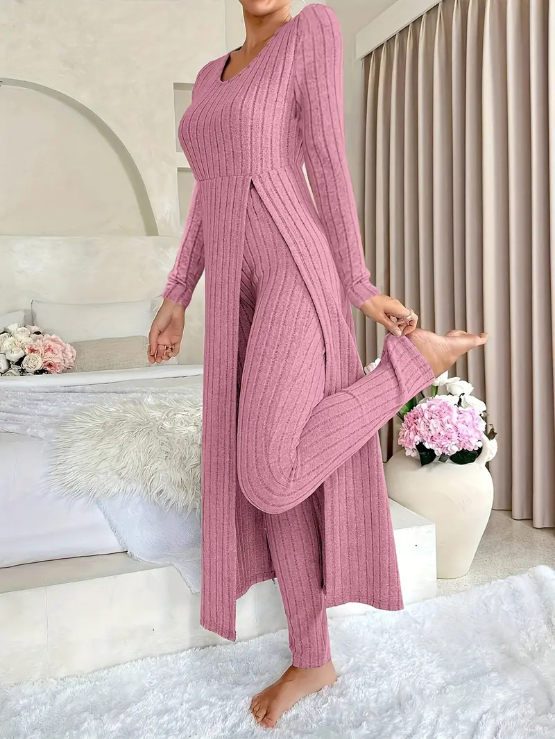Women's Two-Piece Set with Split Hem Long Sleeve Top