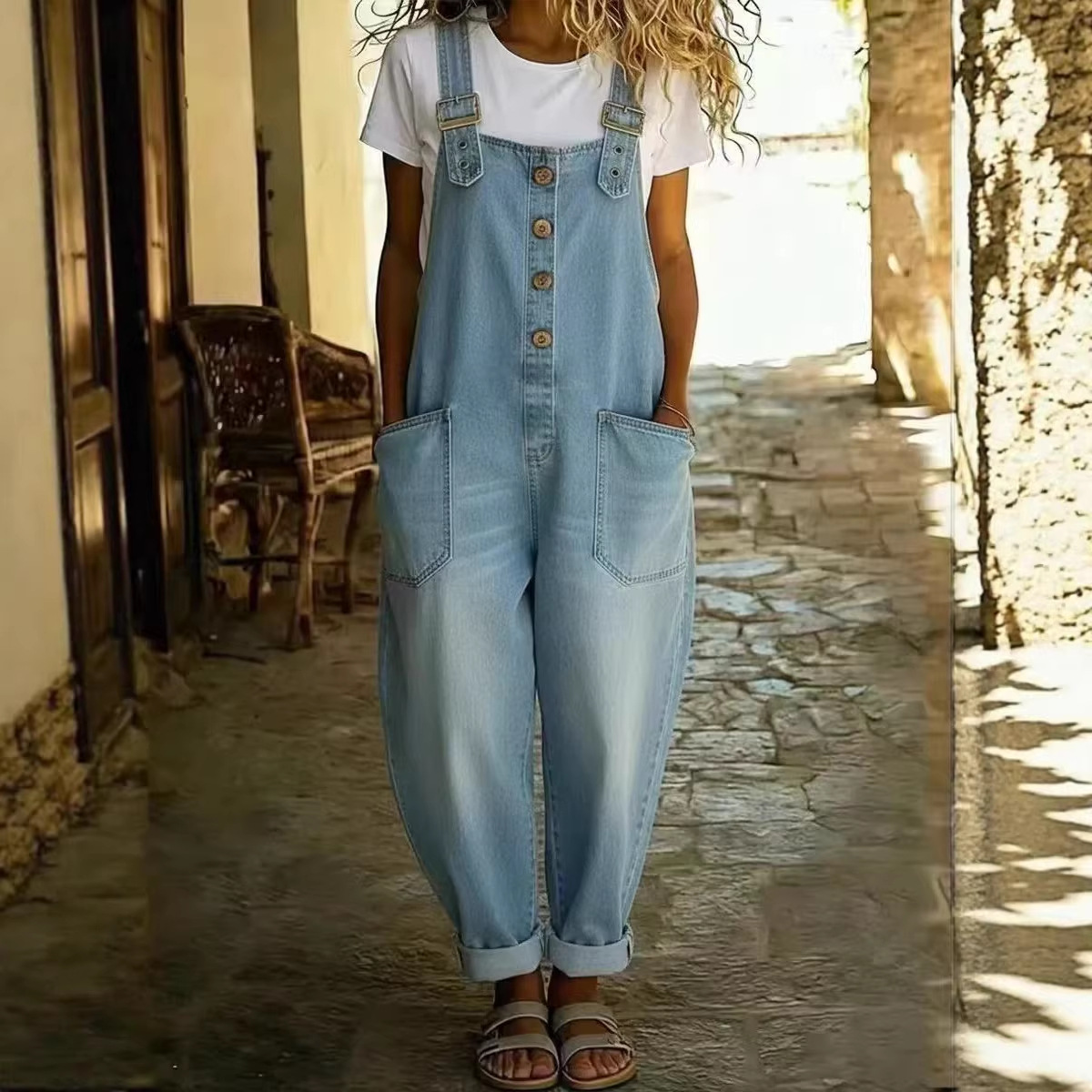 Women's Vintage Washed Denim Jumpsuit Adjustable Buckle Loose Fit