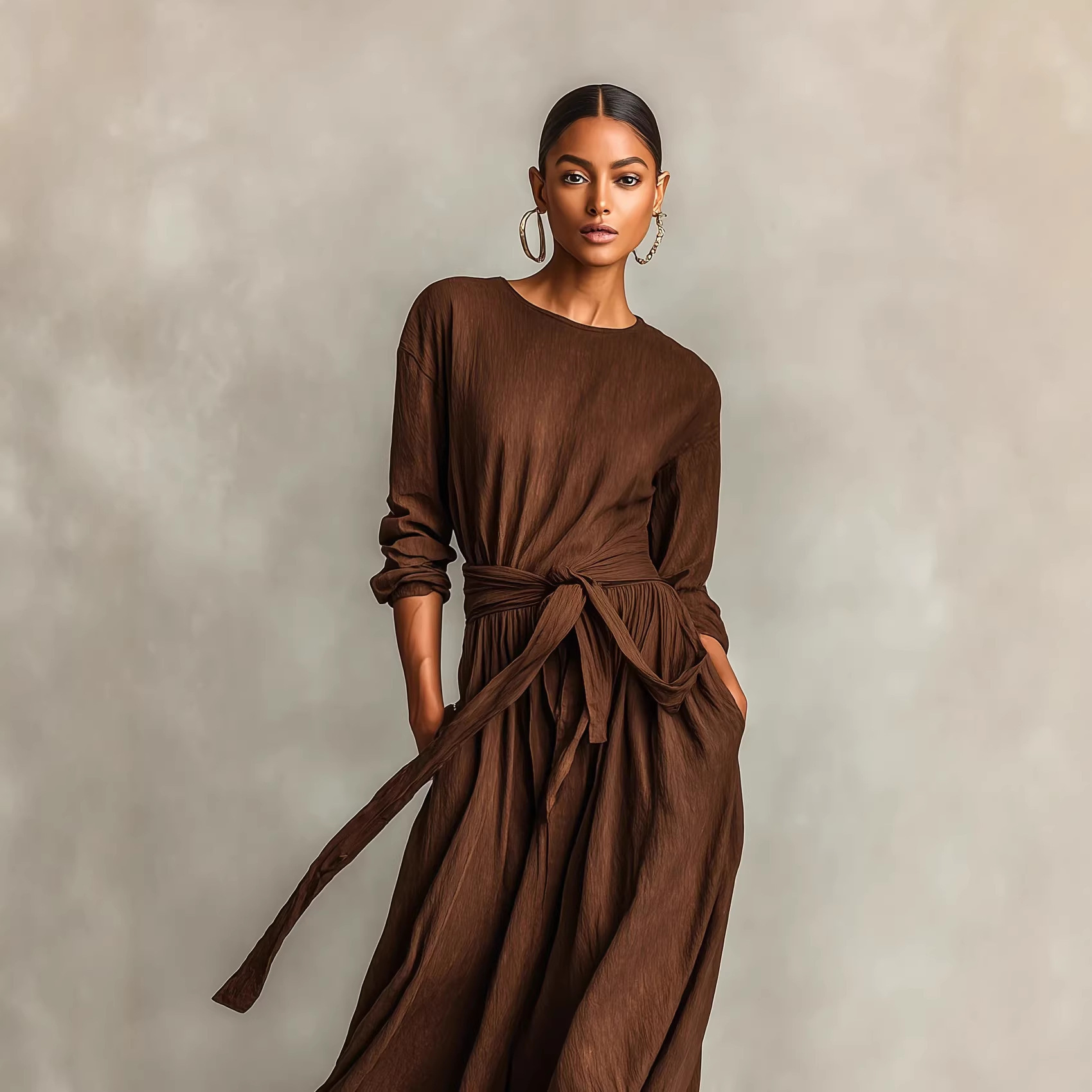 Women's Elegant Brown Woven Long Sleeve Round Neck Dress