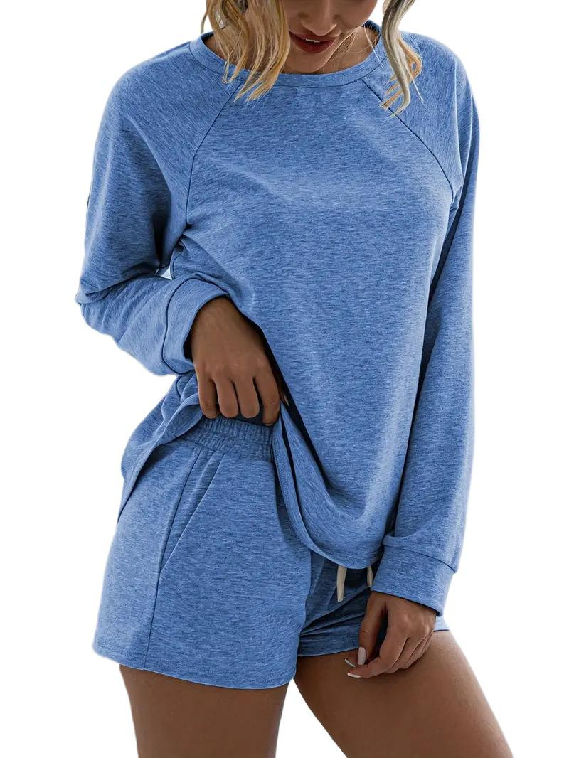Women's Solid Color Two-Piece Lounge Set Long Sleeve Crewneck Top and Shorts