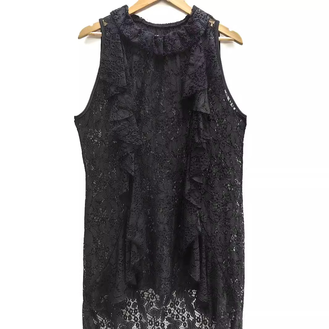 Plus Size Lace Sweep Train Dress Sleeveless Sheer Ruffled Collar Asymmetrical