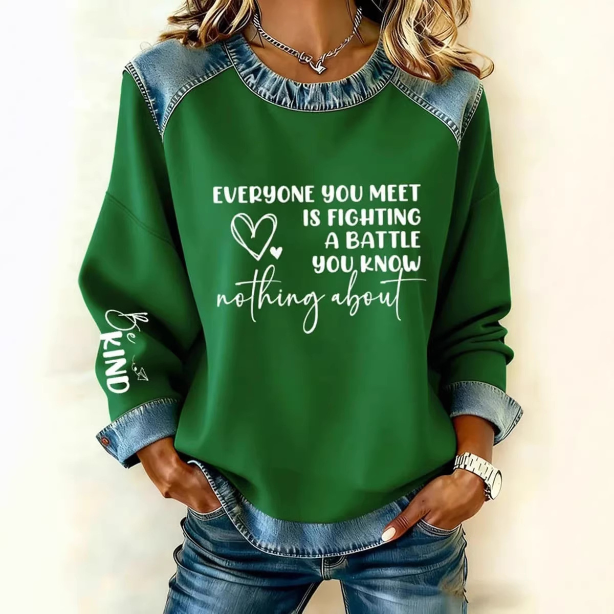 3D Digital Print Denim-Trim Crewneck Sweatshirt