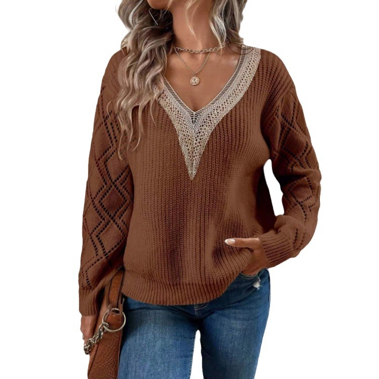 V-Neck Loose Knit Sweater for Women Casual Pullover