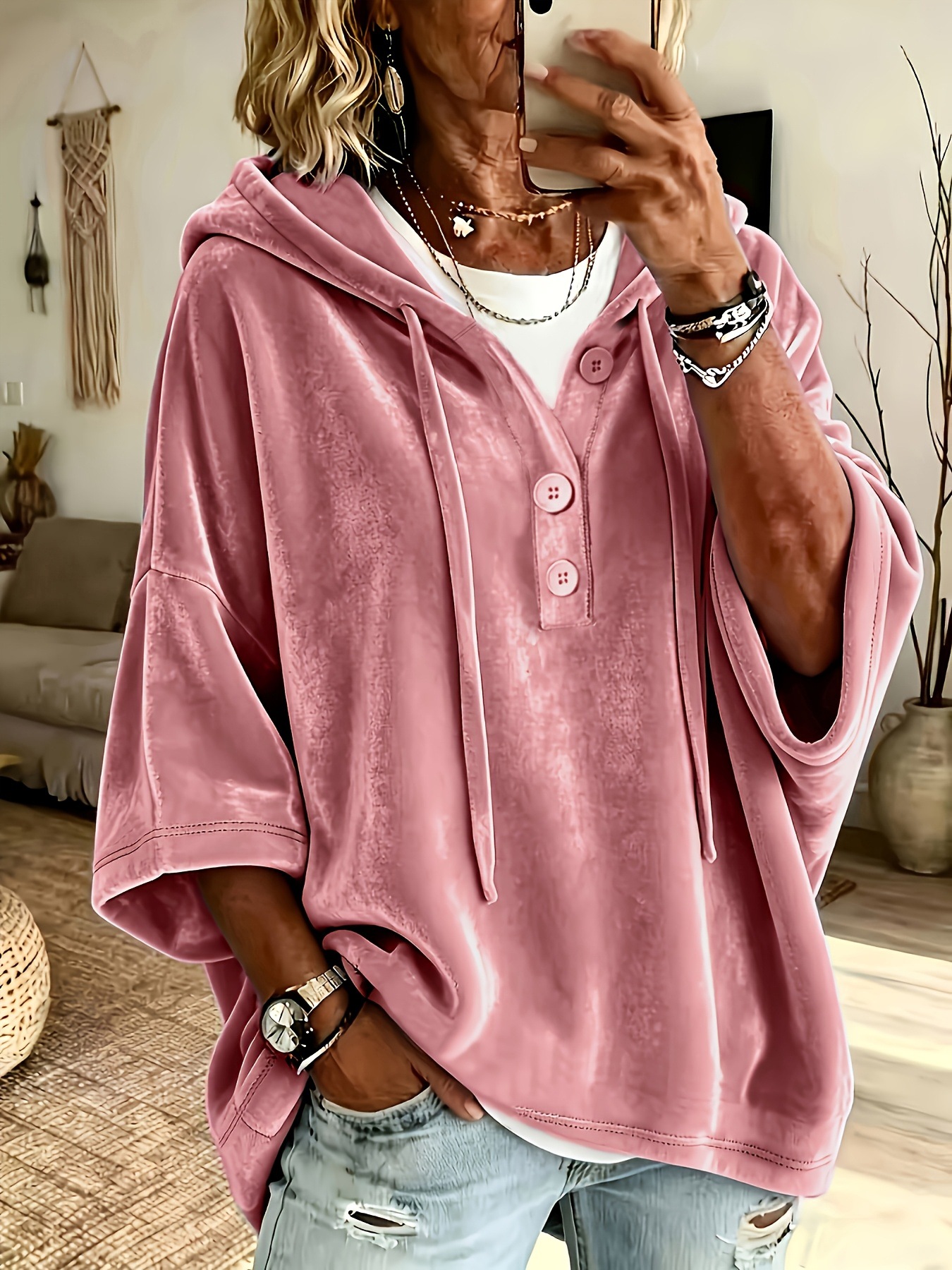 Women's Solid Color Gold Velvet 3/4 Sleeve Top