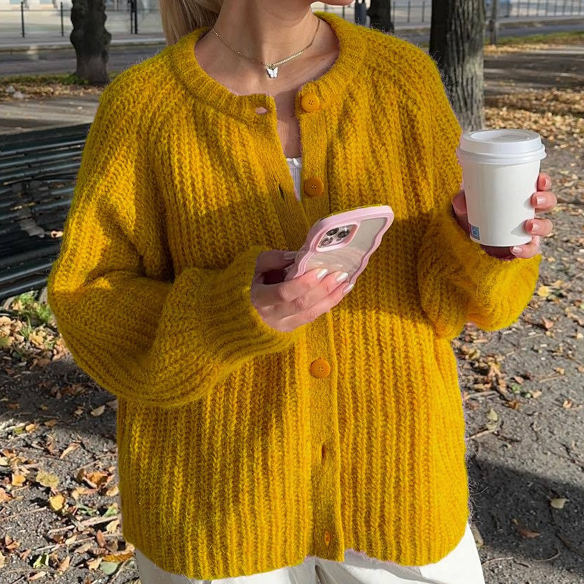 Women's Solid Knit Cardigan Round Neck Long Sleeve Loose Fit