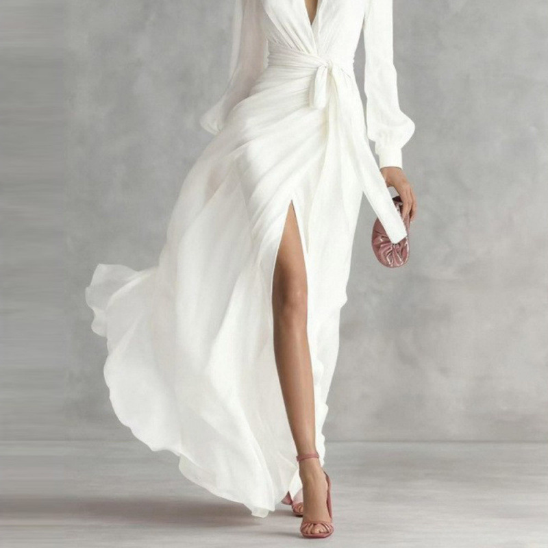 V-Neck Waist-Cinched Long Sleeve High Slit Flowy Chiffon Dress