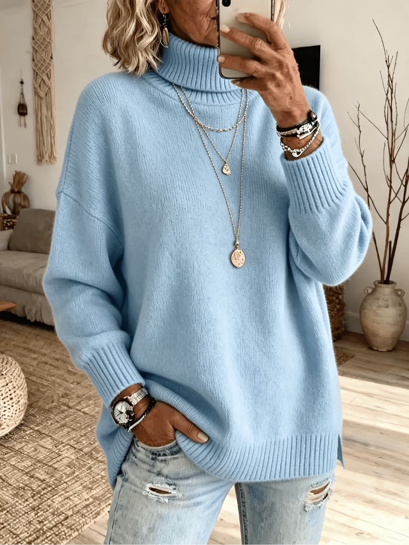 Women's Lazy Pure Color Elegant Slit Loose Turtleneck Knit Sweater