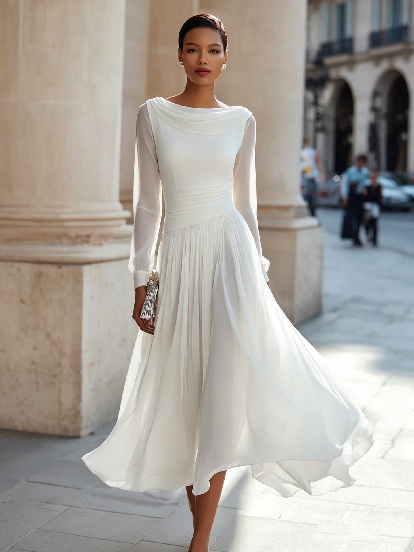 Elegant Cowl Neck Long Sleeve Midi Dress