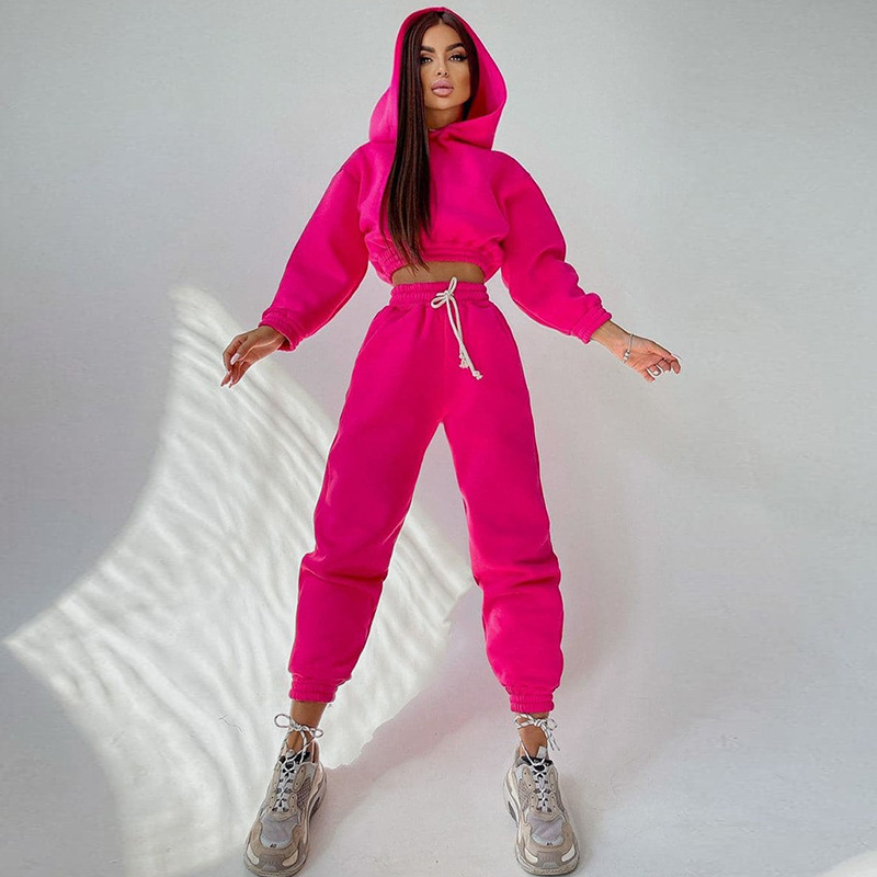 Women's Long Sleeve Hooded Crop Hoodie and Lace-Up Sweatpants Set