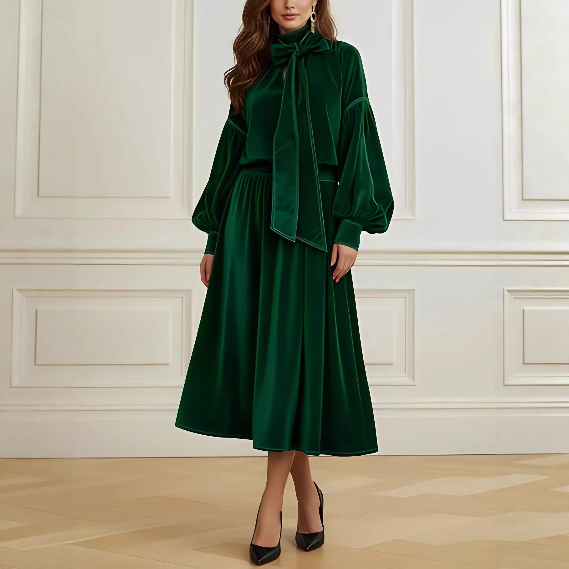 High Neck Bow Velvet Bubble Sleeve Mini Dress with Cinched Waist