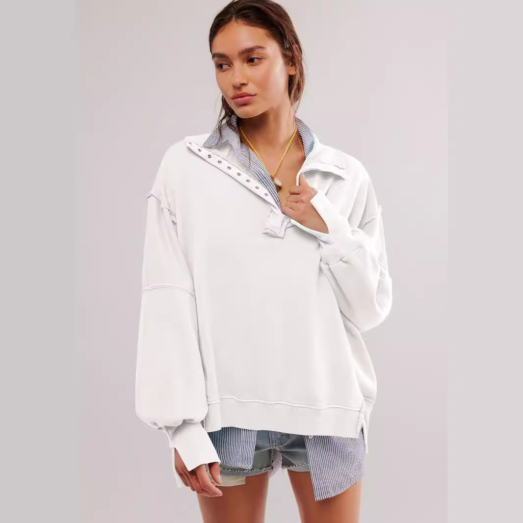 Lantern Sleeve Split Lapel Loose Sweatshirt