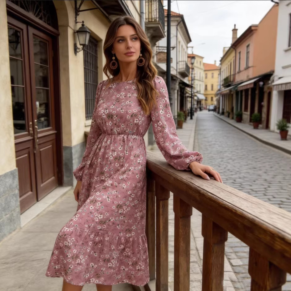 Vintage Floral Print Long Sleeve A-Line Dress