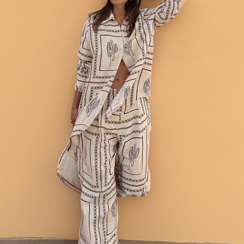 Women's Printed Shirt and Pants Set Casual Vacation Outfit