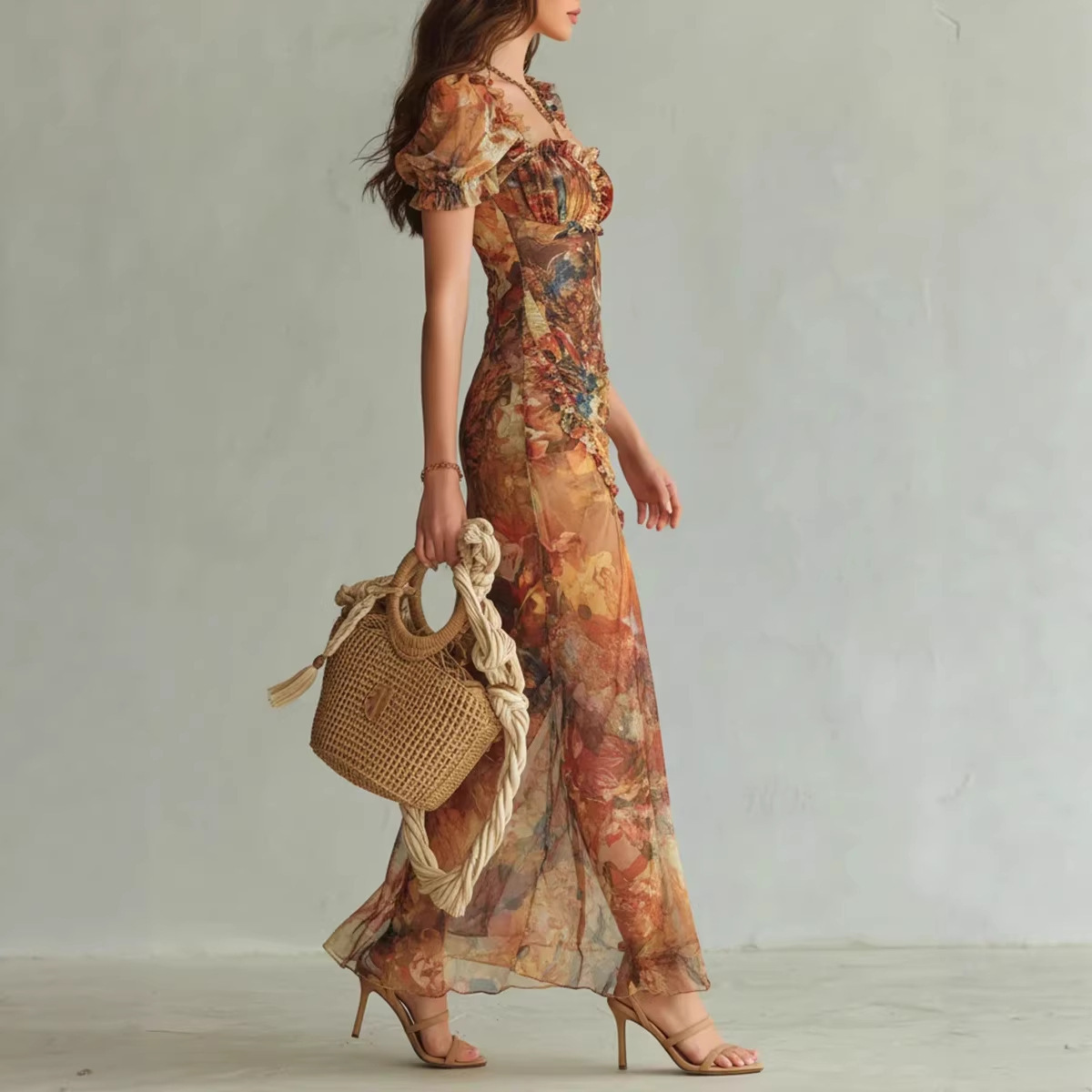 Floral Print Long Bodycon Dress Short Sleeve High Waist