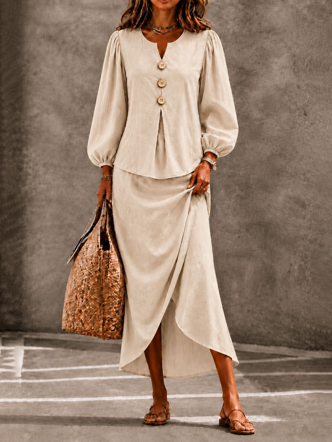 Women's Two-Piece Set with Round-Neck Button Top and Lantern Sleeves, Long Skirt