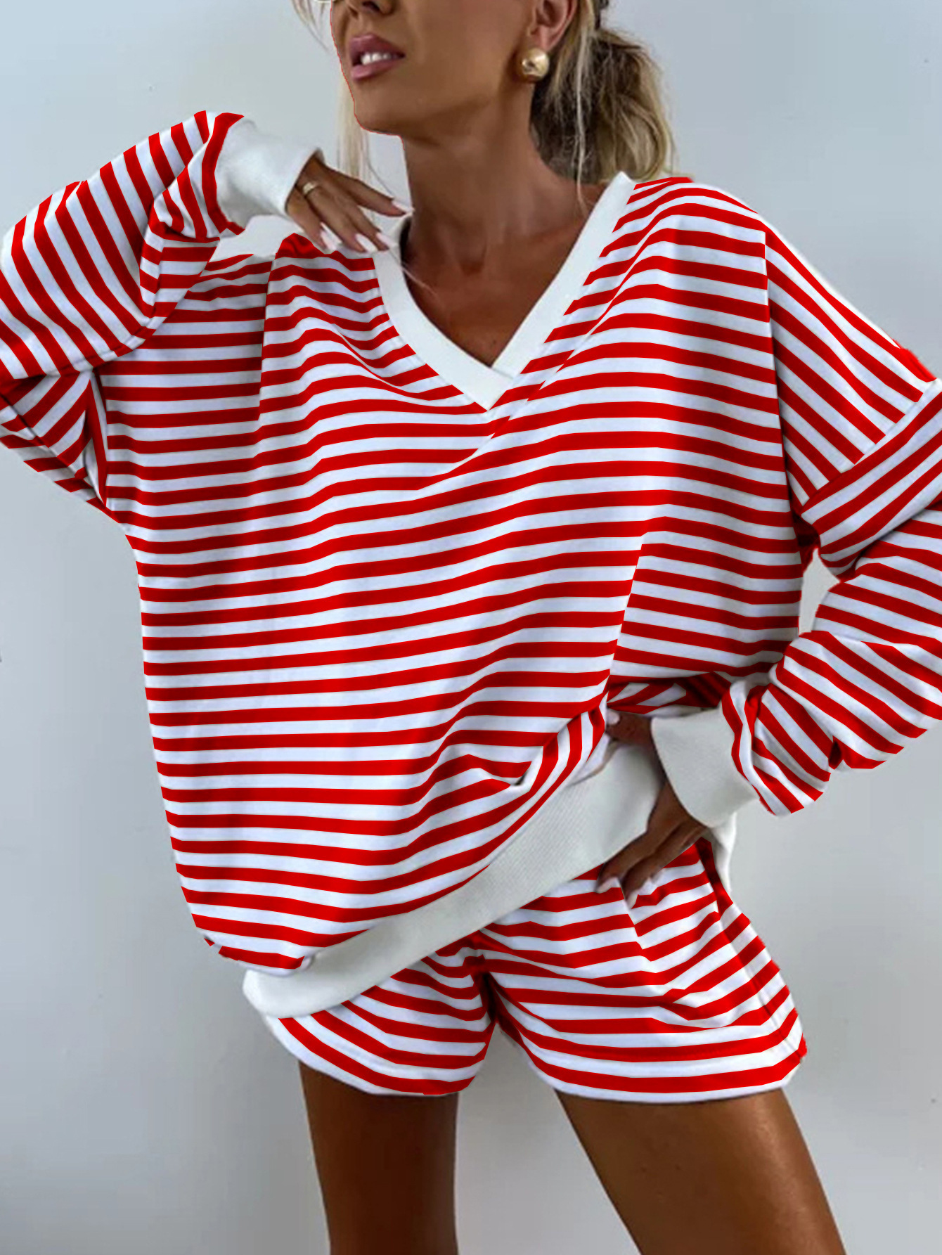 Women's Striped V-Neck Long Sleeve T-Shirt and Shorts Casual Set