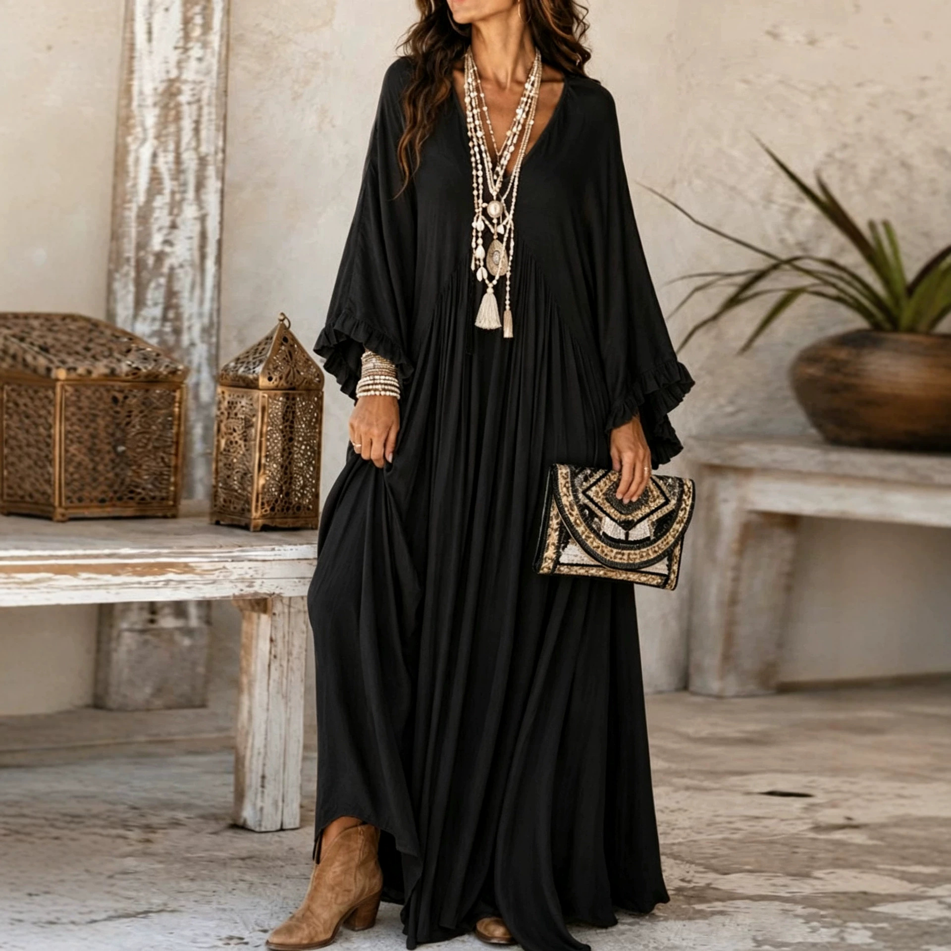 Women's Elegant V-Neck Ruffle Long Sleeve Loose Plus Size Casual Vacation Dress