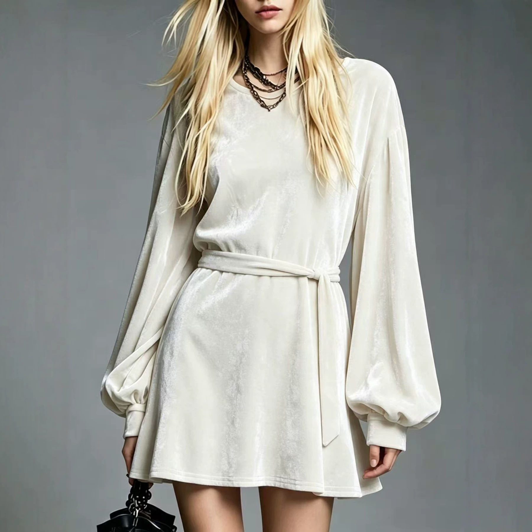 Korean Velvet A-Line Dress with Round Neck, Lantern Sleeves, and Tie Waist