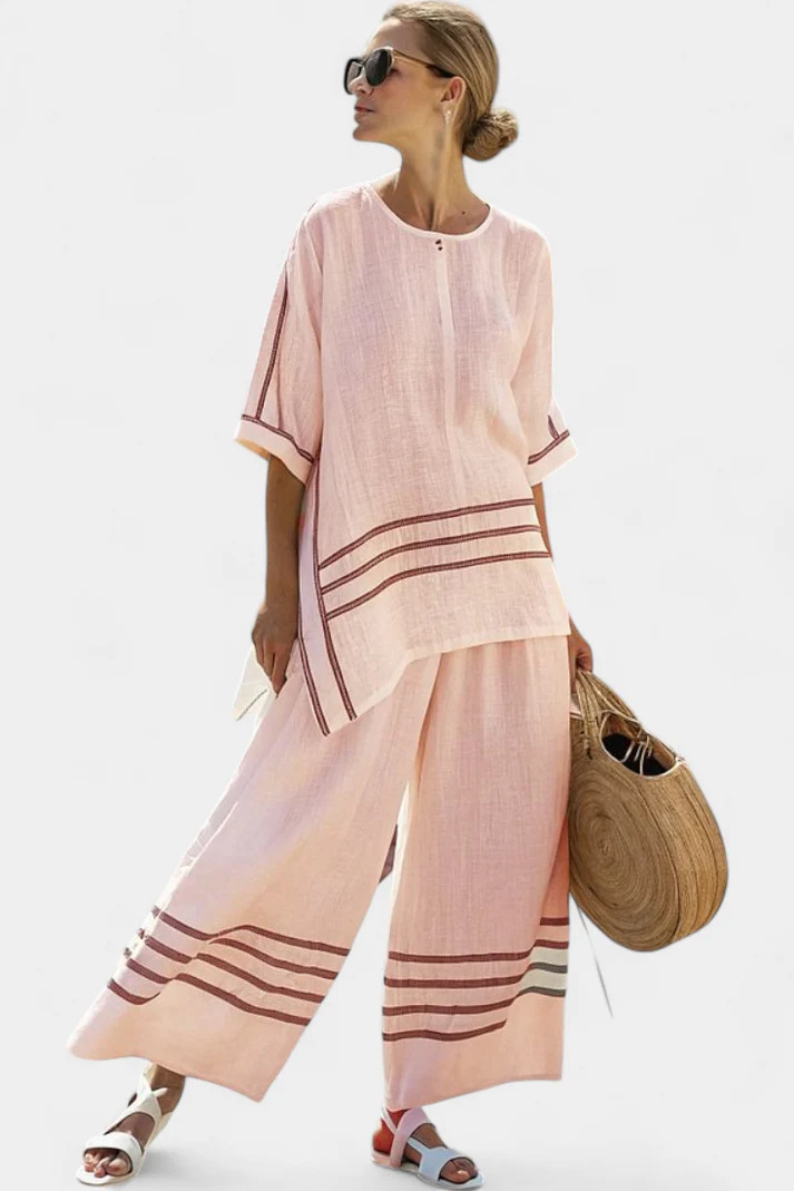Striped Print Color-Block Mid-Sleeve Round Neck Top and Straight Pants Casual Set