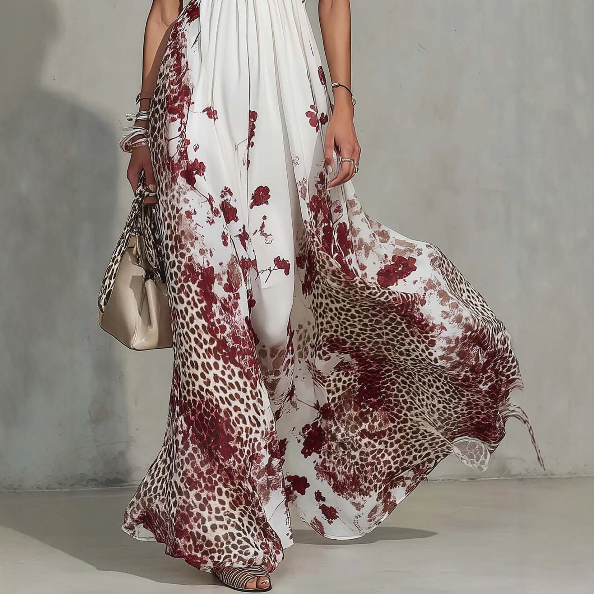 Leopard Print Halter Maxi Dress Women's Summer Cinched Waist Slimming Dress