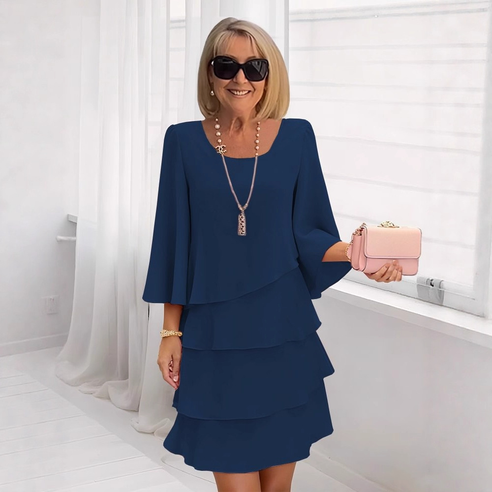 Women's Tiered Cake Dress Round Neck Loose Fit Midi Dress