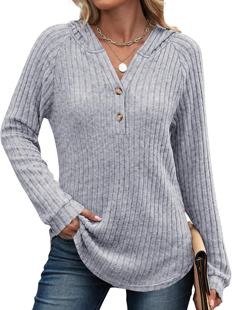 Solid V-Neck Button Loose Hooded Fleece Knit Top