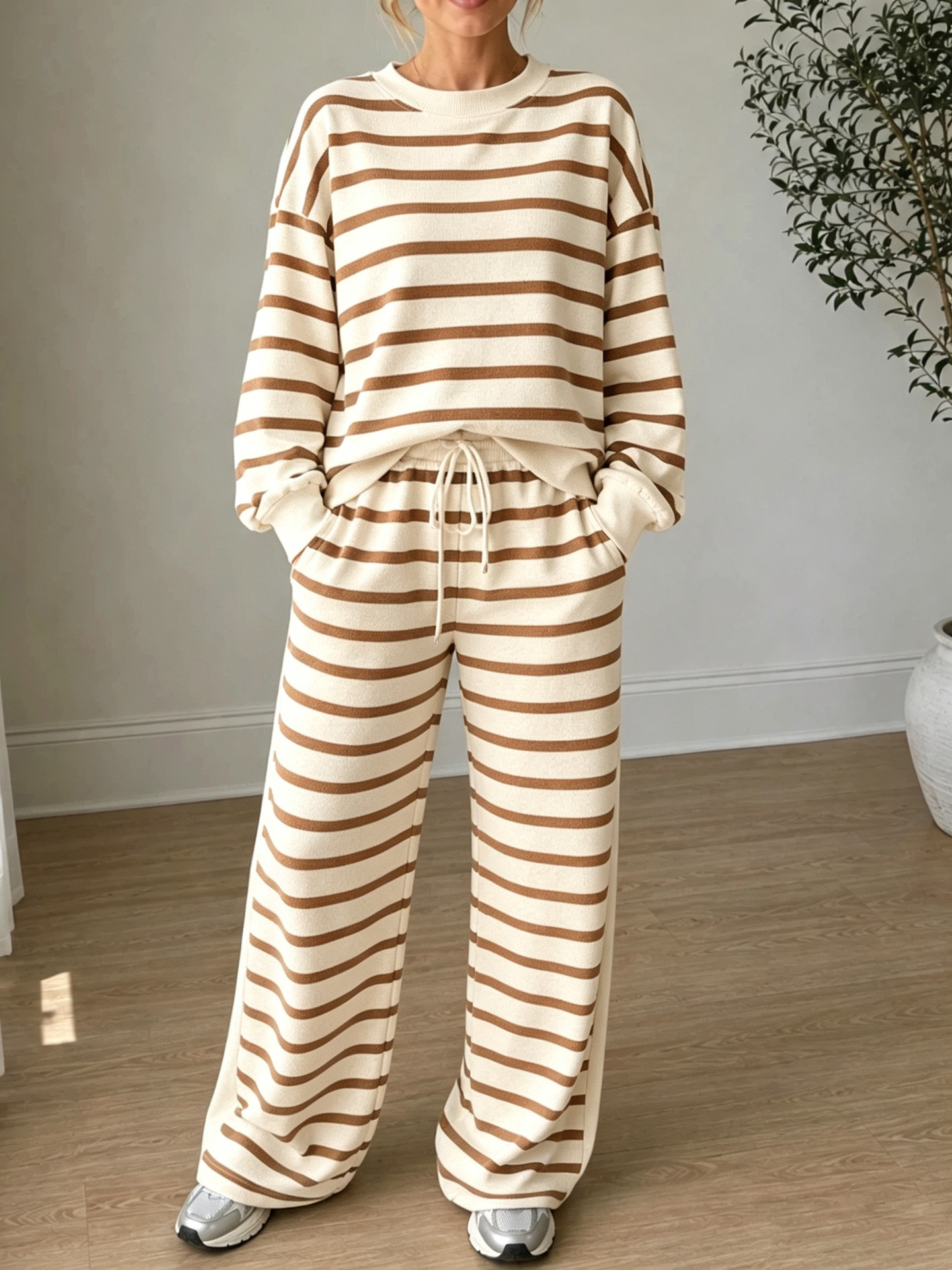 Women's High-Waist Striped Print Long-Sleeve Two-Piece Casual Set