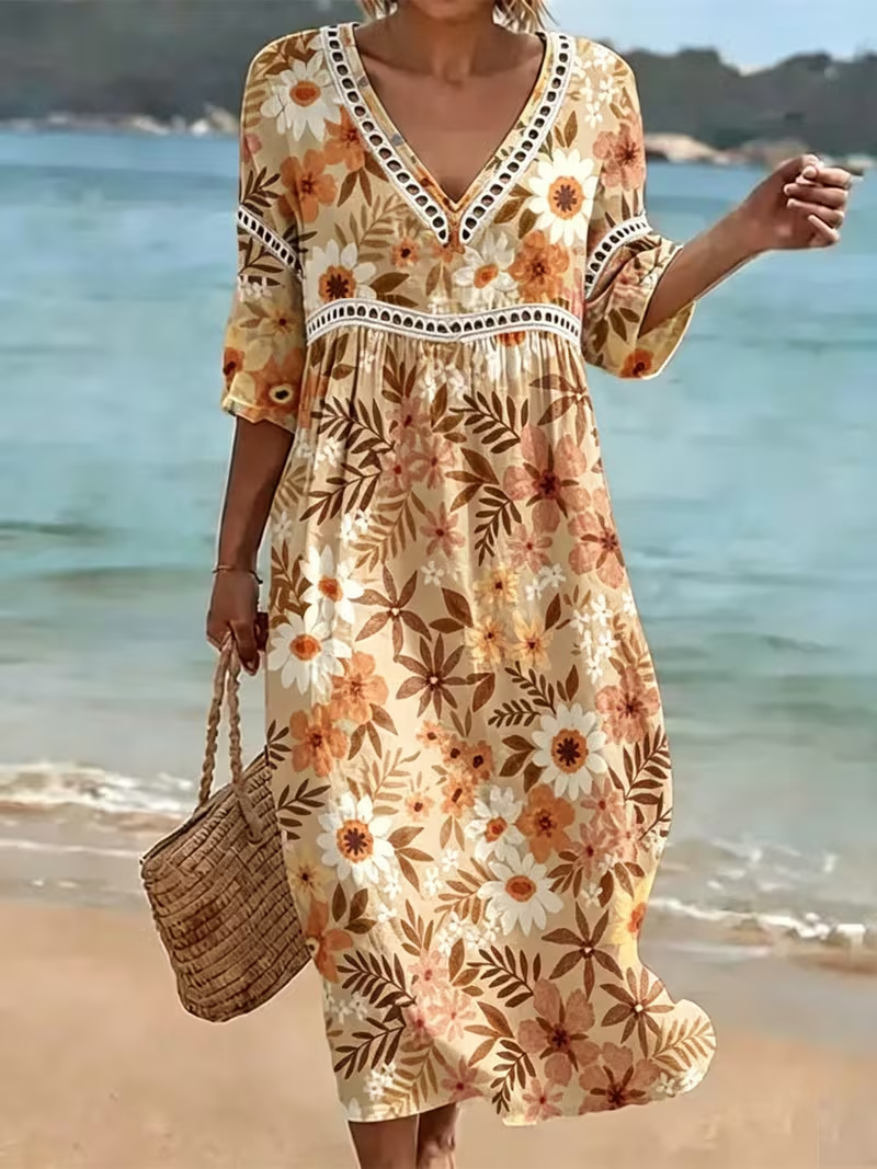 Women's Floral Print Pleated Midi Dress Deep V-Neck Five-Sleeve Slim Fit