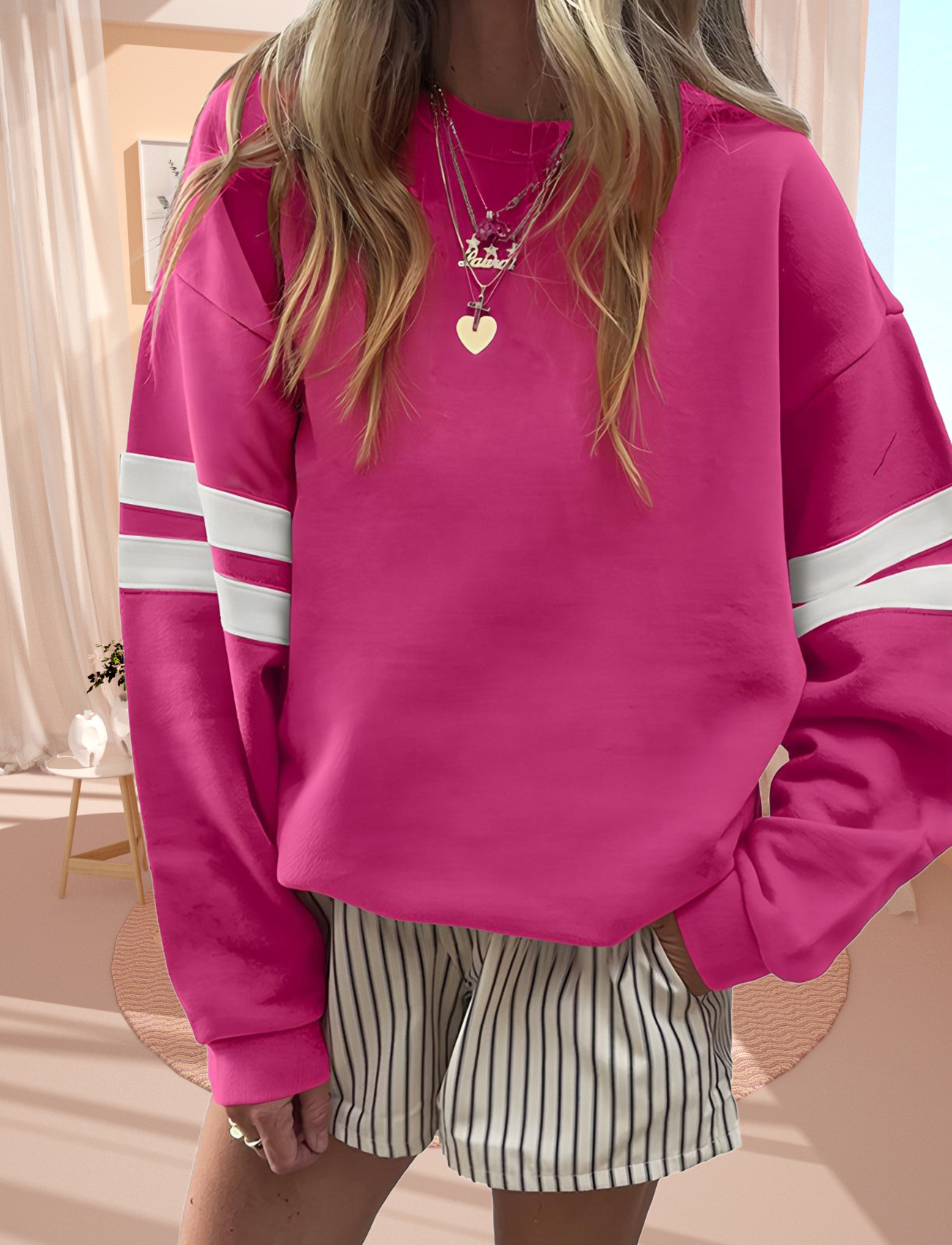 Women's Loose Striped Cotton Sweatshirt Long Sleeve Crewneck