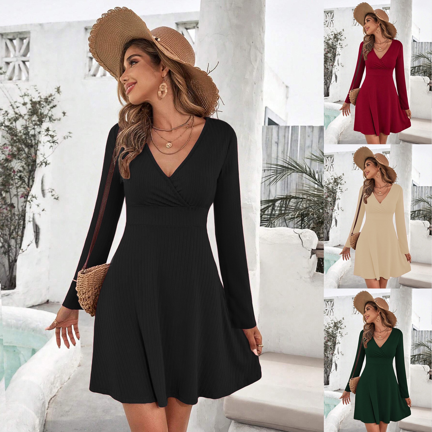 Women's A-Line Wrap Dress Solid Short Long Sleeve V-Neck