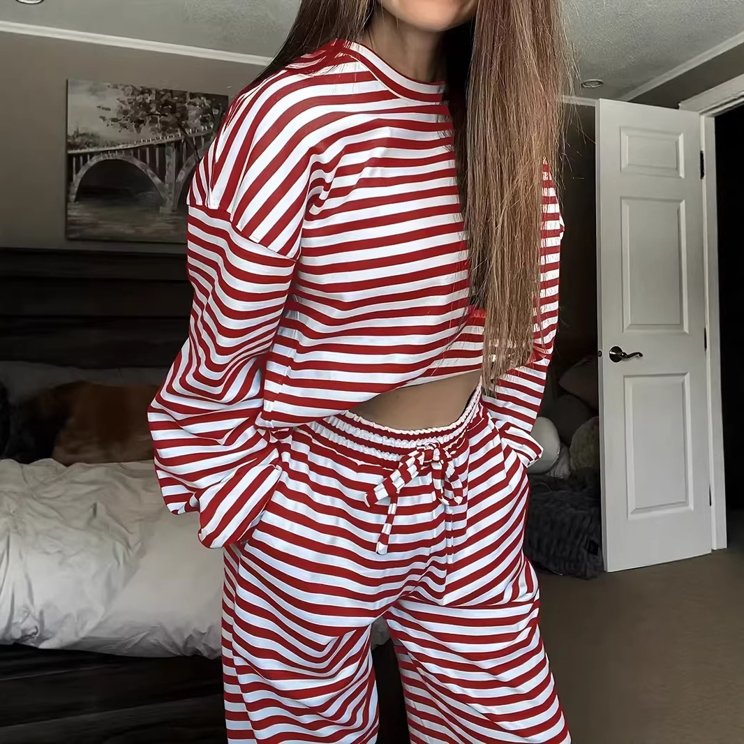 Striped Long-Sleeve Top and High-Waist Pants Casual Set