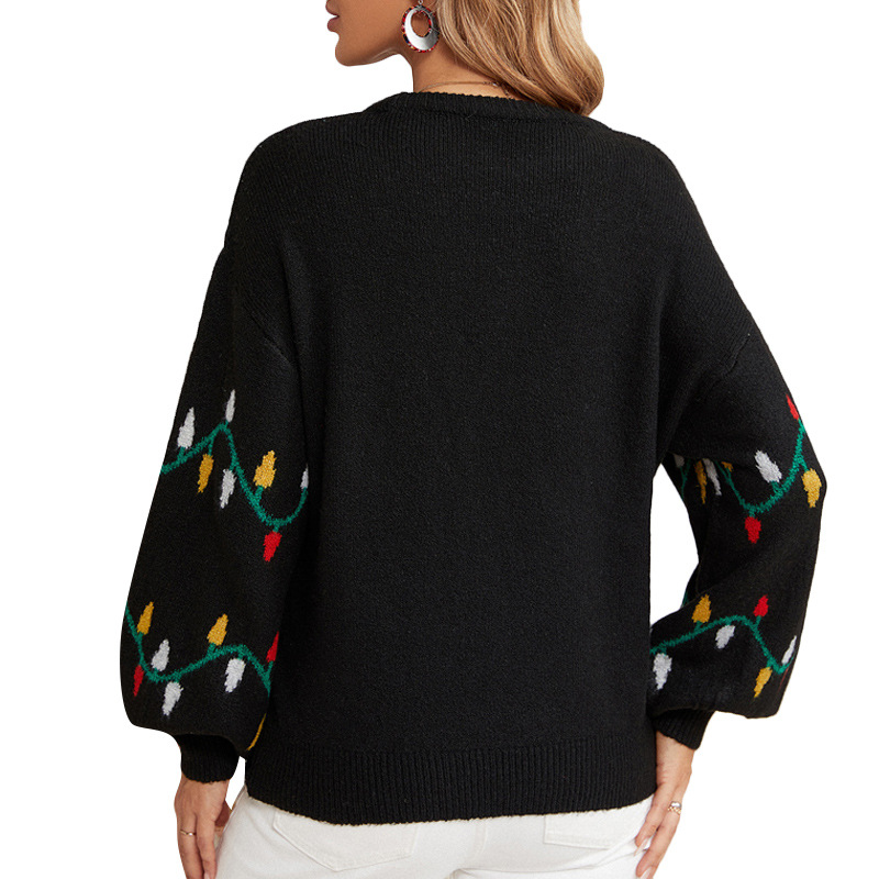 Christmas Light Bulb Print Sweater Women's Loose Knit Pullover