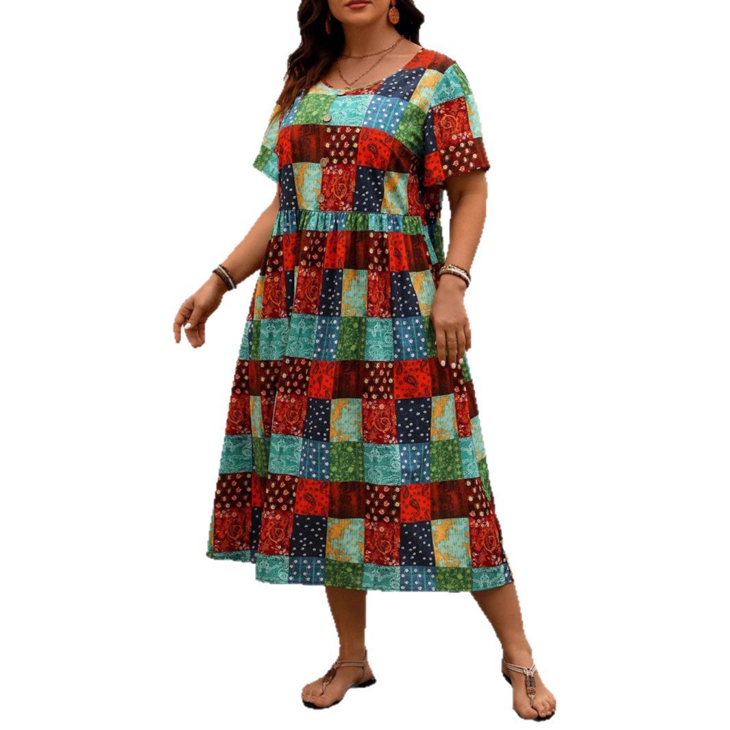 Women's Summer Floral Print Long Dress Round Neck Loose Plus Size