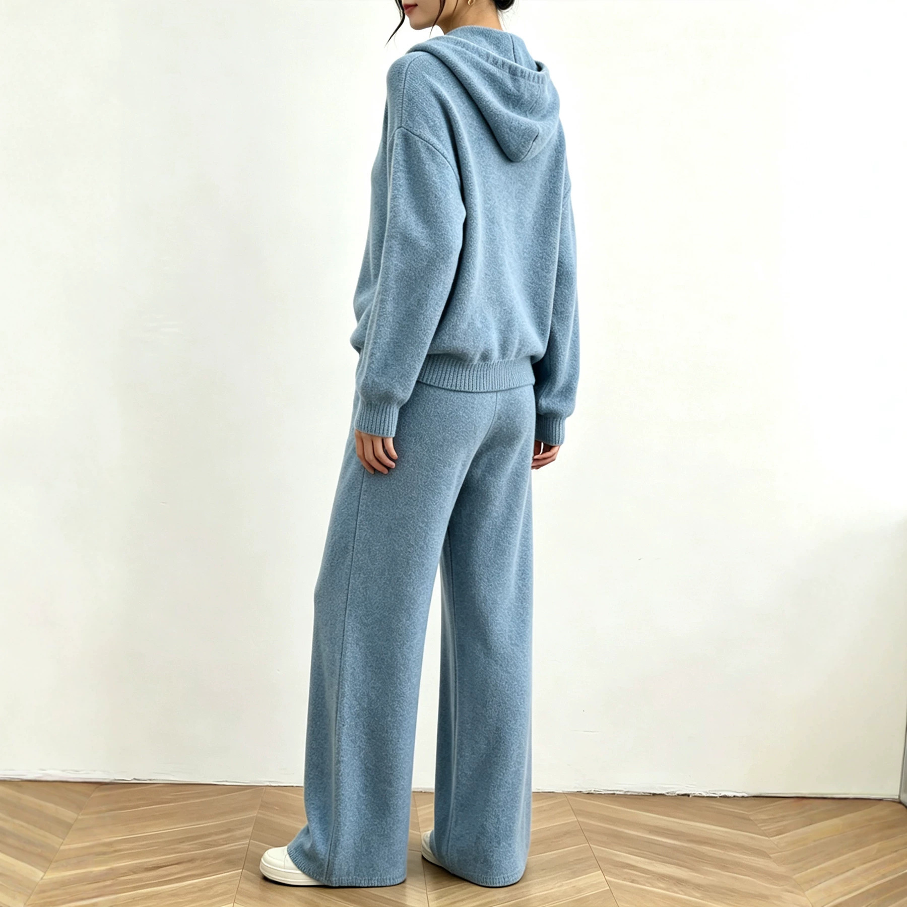 Women's Long Sleeve Knit Two-Piece Set Solid Hooded Top & Wide-Leg Pants