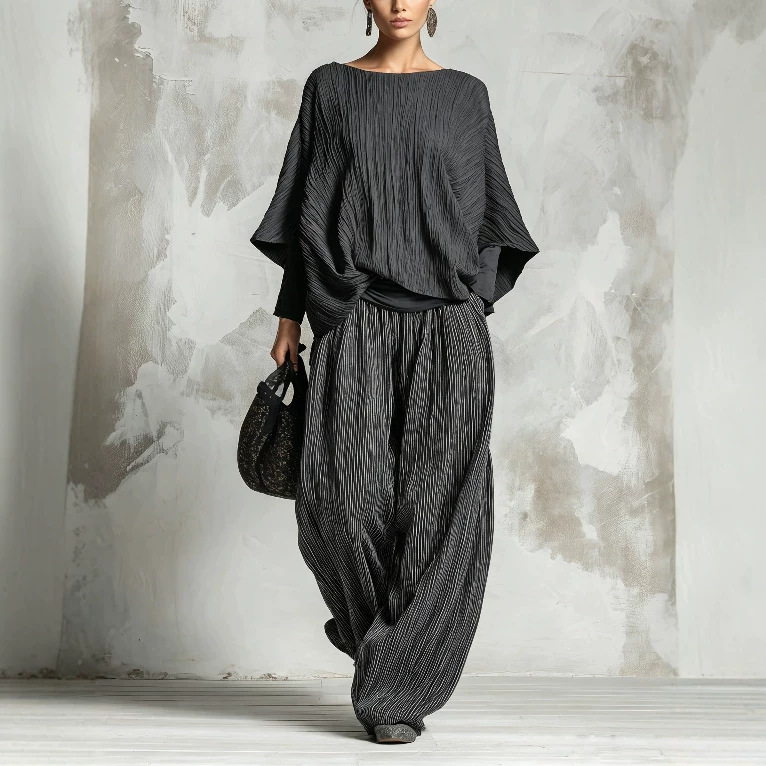 Women's Pleated Batwing Sleeve Top & Wide-Leg Pants Two-Piece Set
