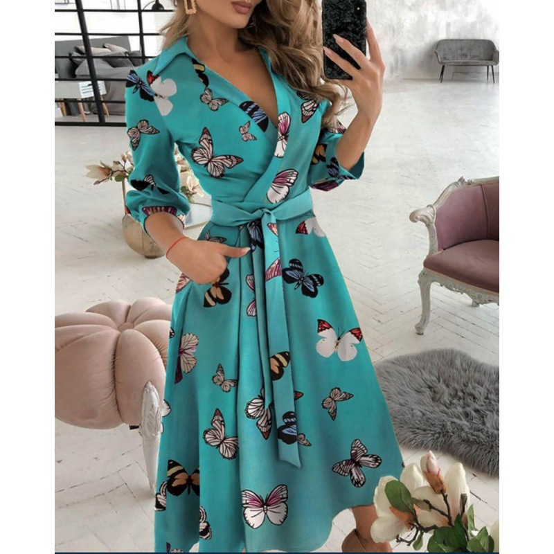 Women's Long Sleeve V-Neck Print Bodycon Dress