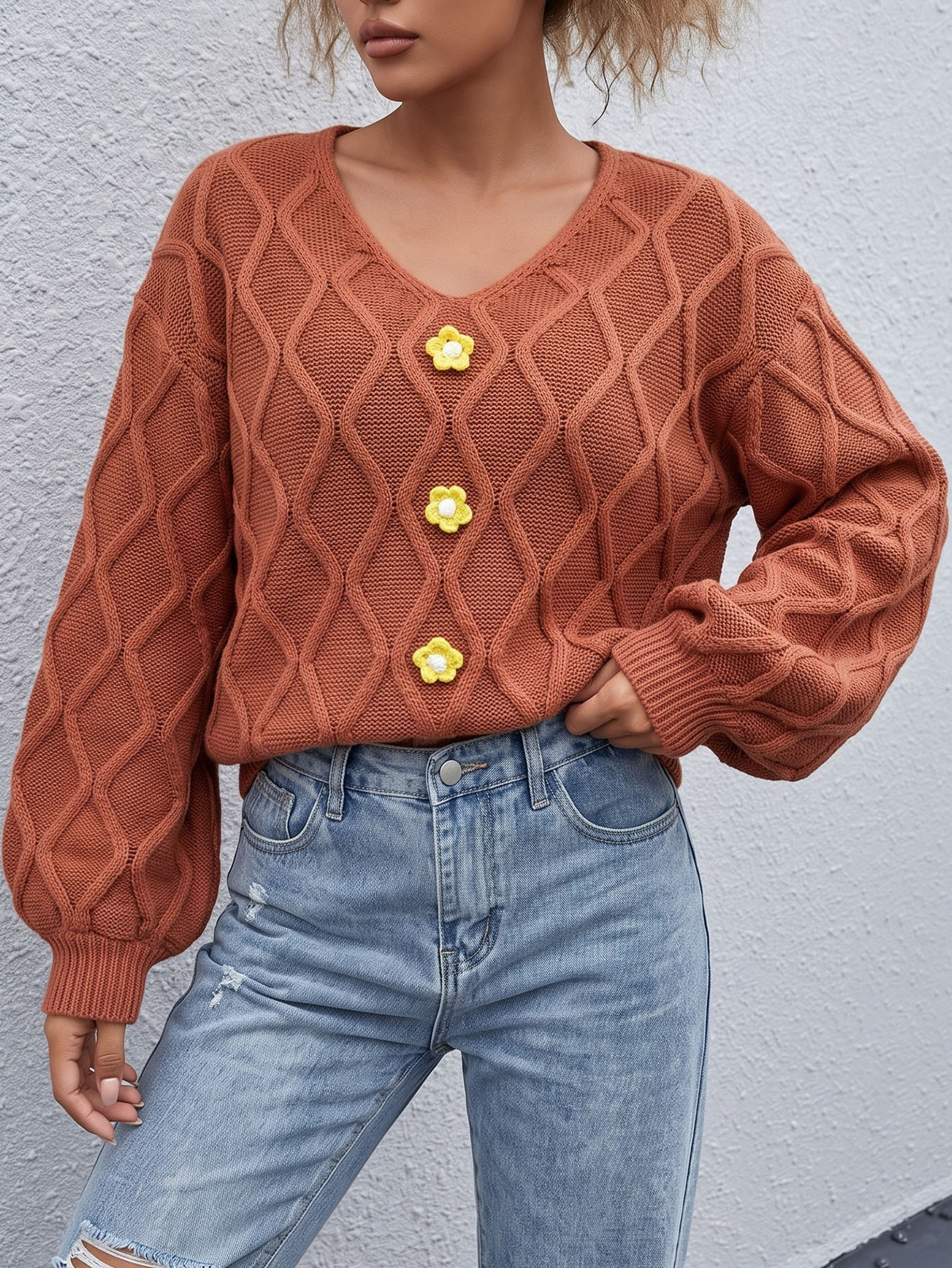 Women's Retro V-Neck Diamond Knit Sweater with Lantern Sleeves