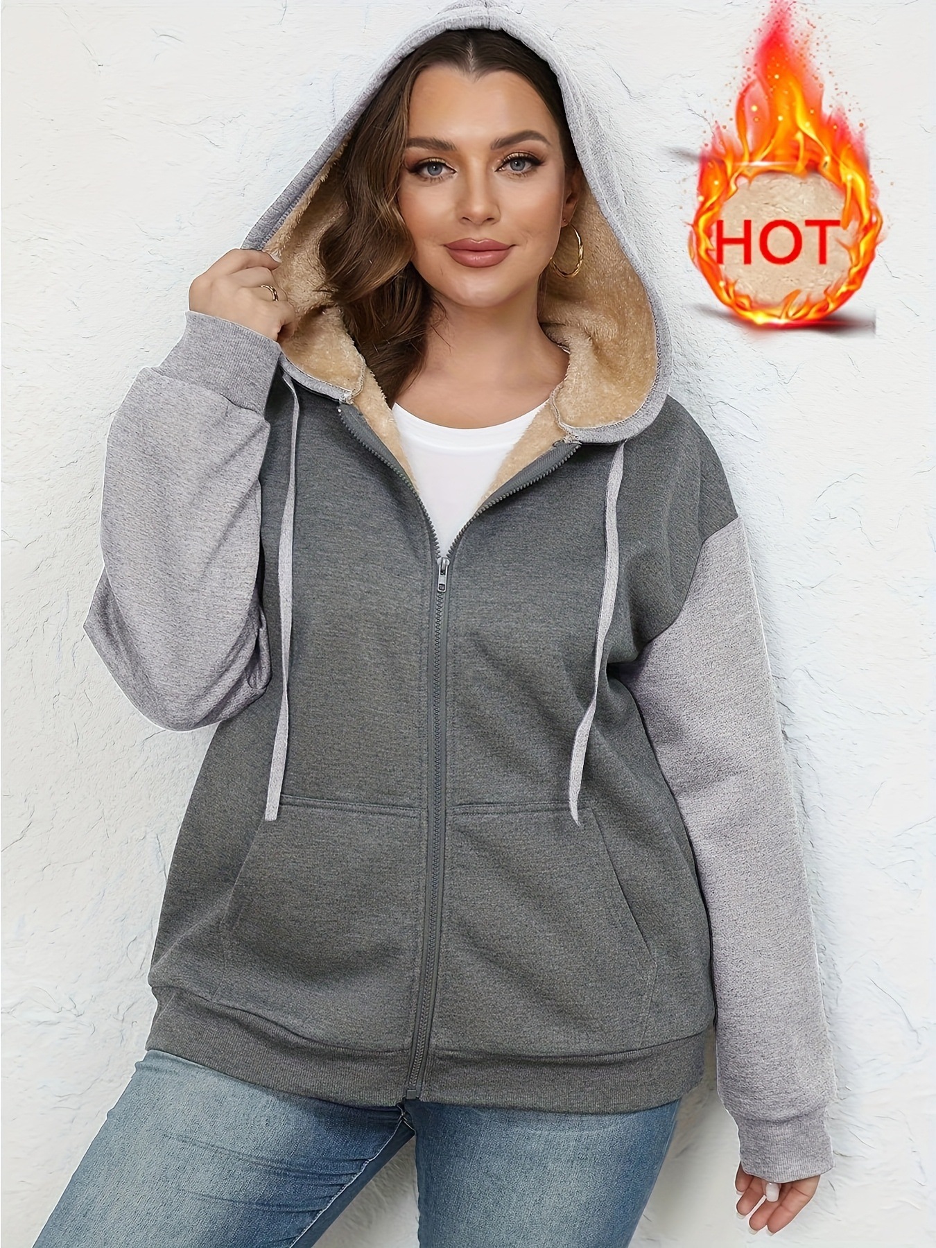 Women's Color-Block Fleece Hooded Zip-Up Sweatshirt Jacket