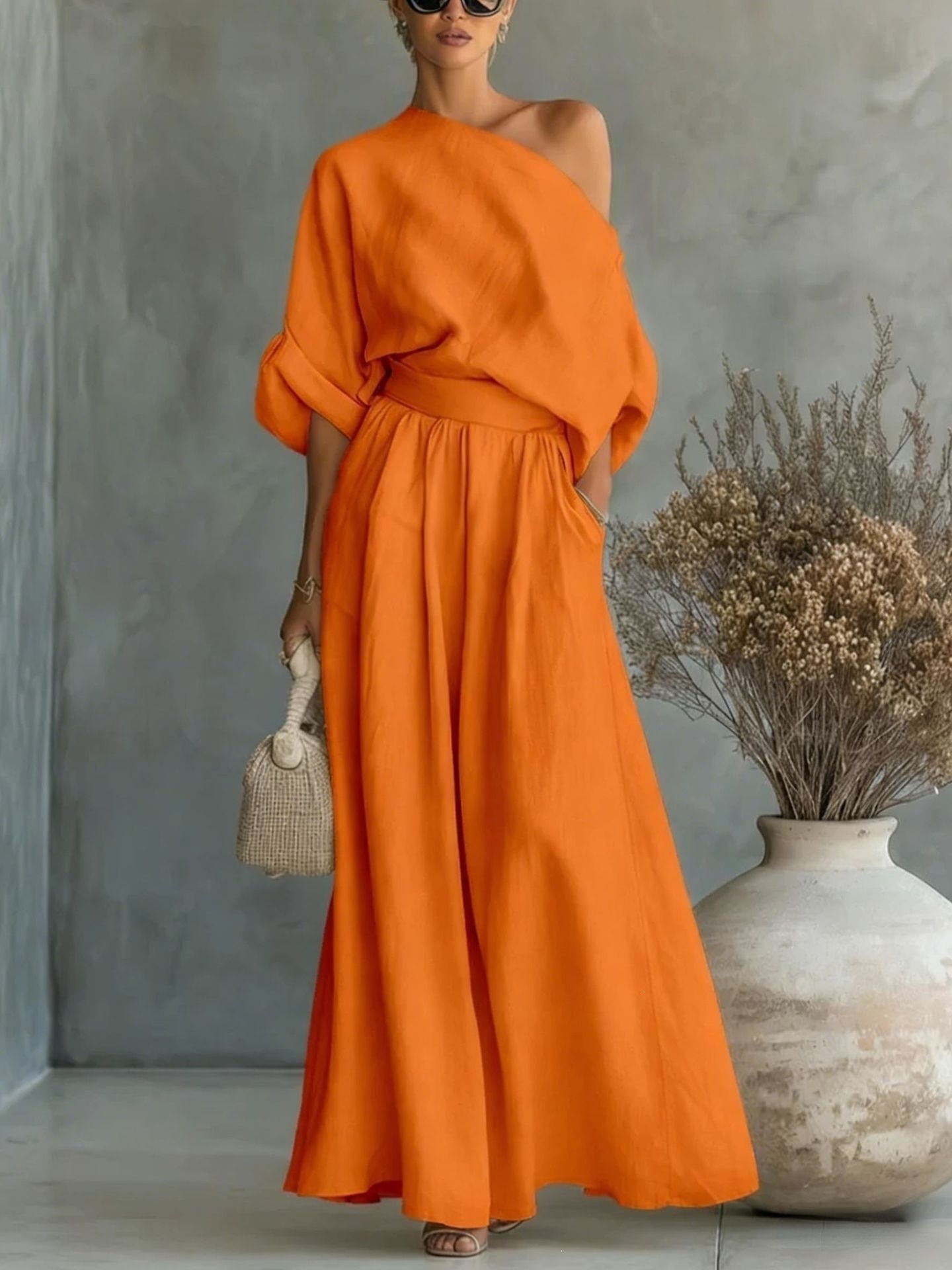 Elegant One-Shoulder Waist-Cinching Top and Skirt Two-Piece Set